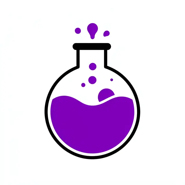 Flat vector icon of a round boiling flask with bubbling purple liquid on a solid white background