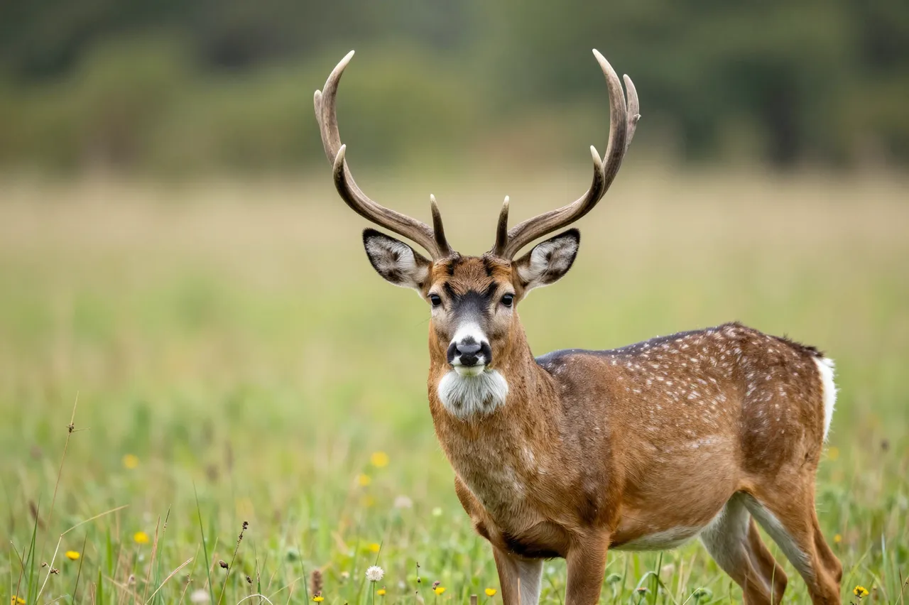 A young buck with growing velvet antlers stands alert facing the camera in a sunlit summer meadow.