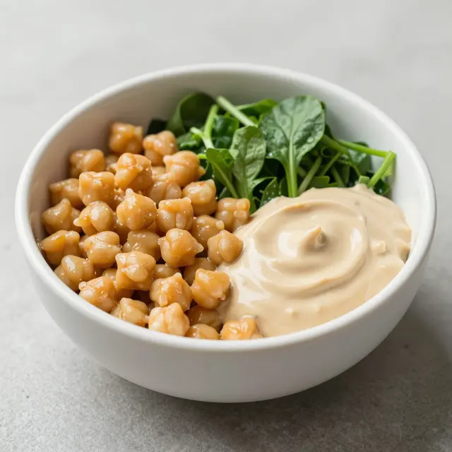A white bowl holds cooked chickpeas, fresh leafy greens, and creamy tahini on a light gray countertop.
