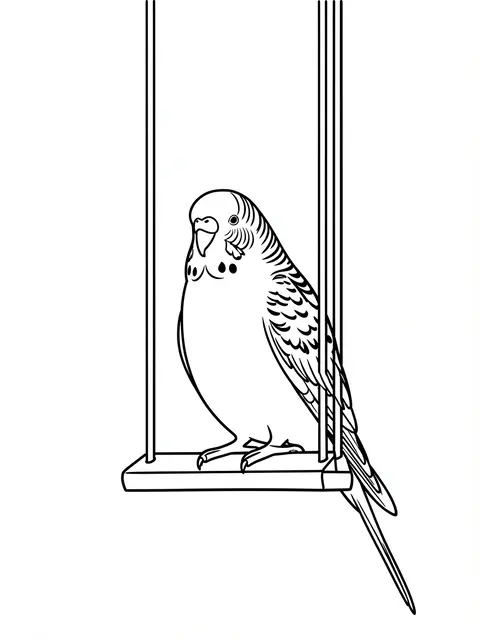 Black and white bold line art of a budgie perched on a small bird swing on a plain white background