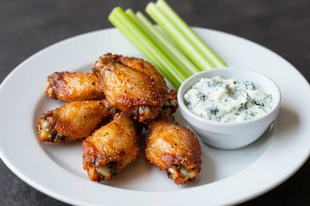 A white plate holds seasoned cooked chicken wings, celery stalks, and a small bowl of blue cheese dip on a dark tabletop.