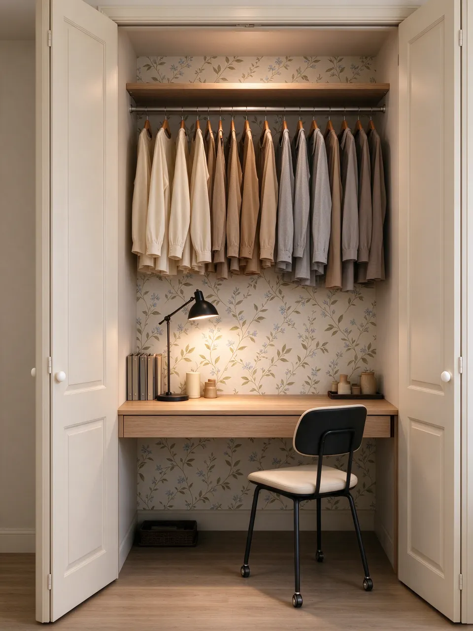 A compact built-in desk sits inside an open closet, with a task lamp and rolling chair.