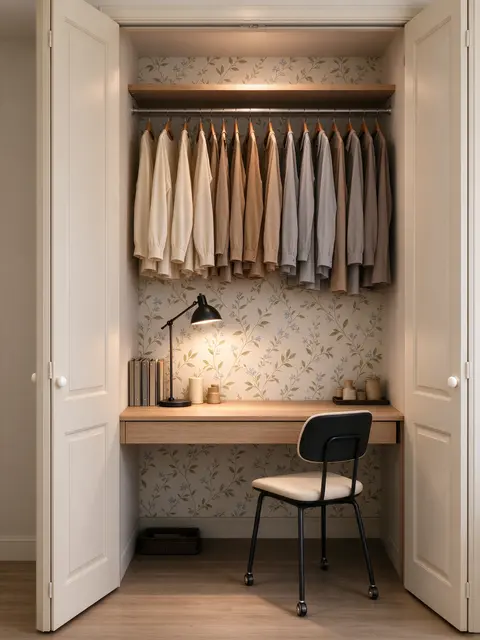 A compact built-in desk sits inside an open closet, with a task lamp and rolling chair.