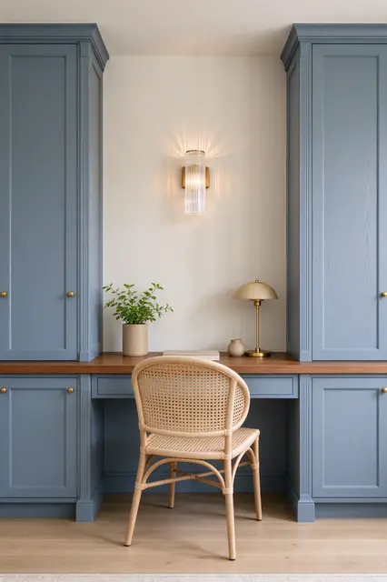 Cozy built-in home office with dusty blue cabinets, wicker chair and wall sconce
