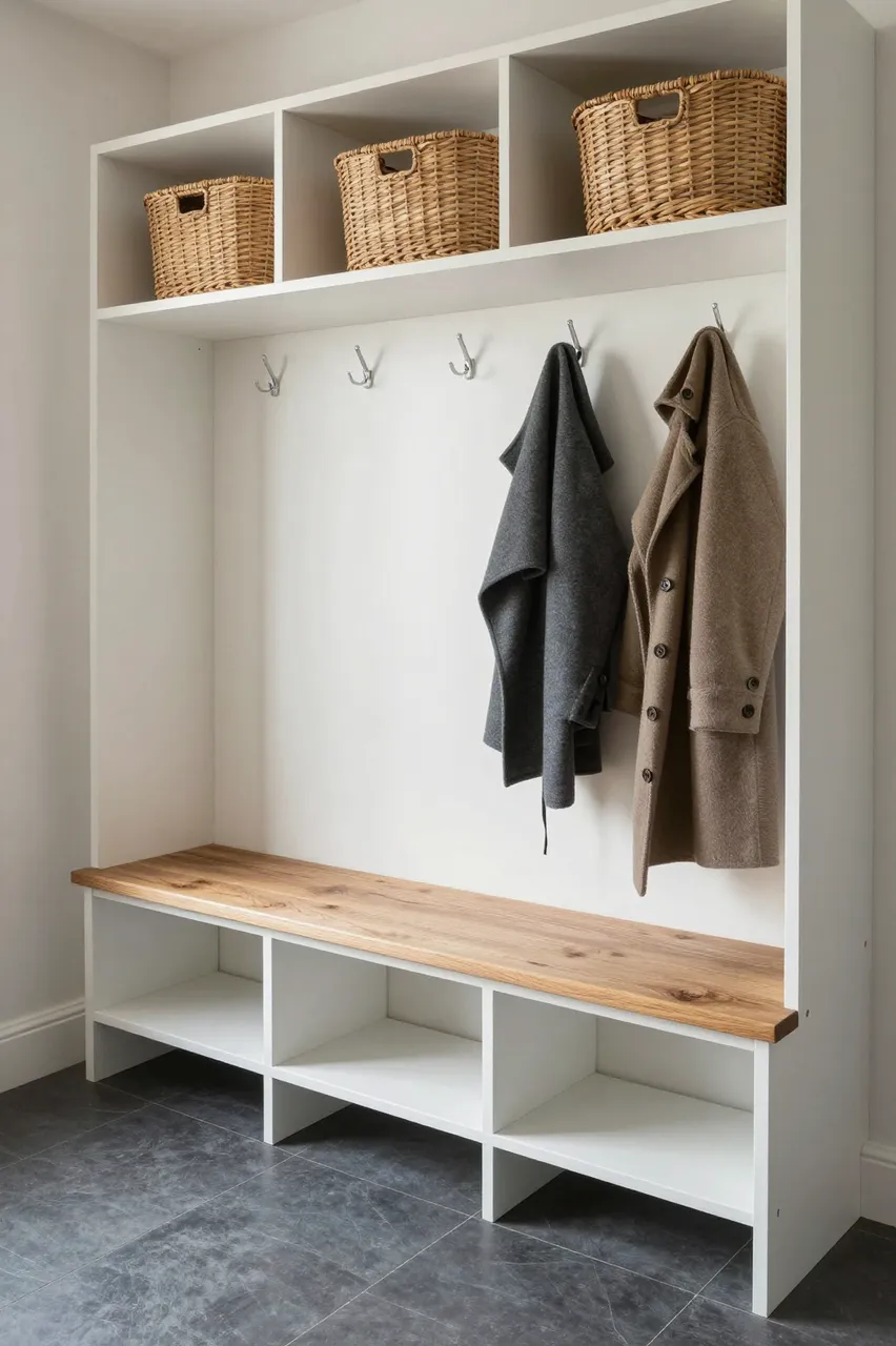 A tidy built-in mudroom unit with a wood bench, woven baskets, hanging coats and slate tile flooring.