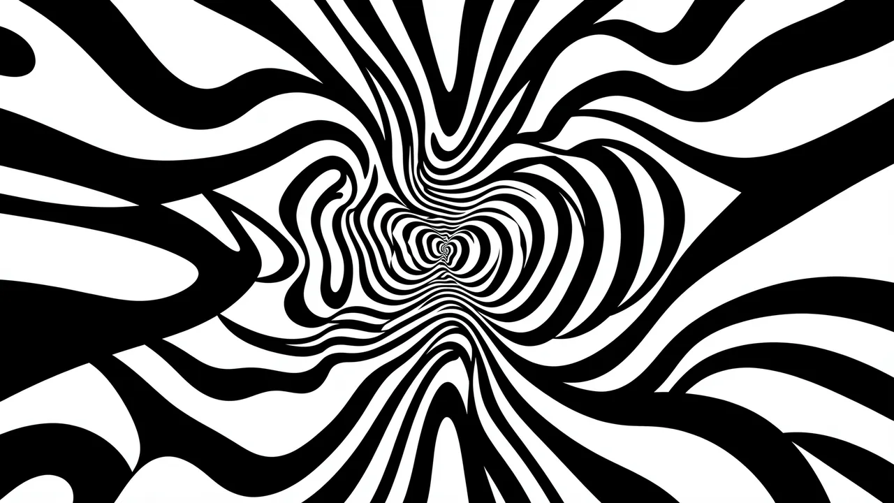 High contrast black and white wavy op art pattern ripples outward from a bulging distorted center