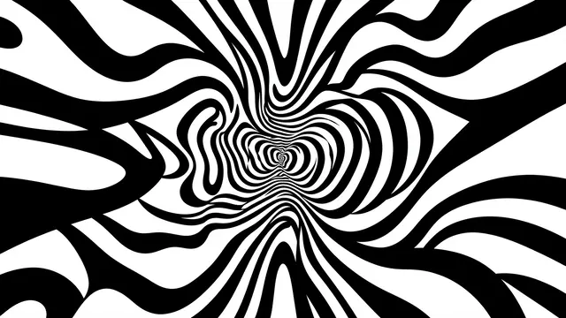 High contrast black and white wavy op art pattern ripples outward from a bulging distorted center