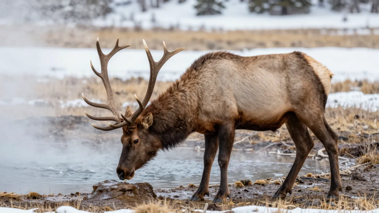 A bull elk with wide antlers stands at the edge of a steaming hot spring in a snowy winter meadow