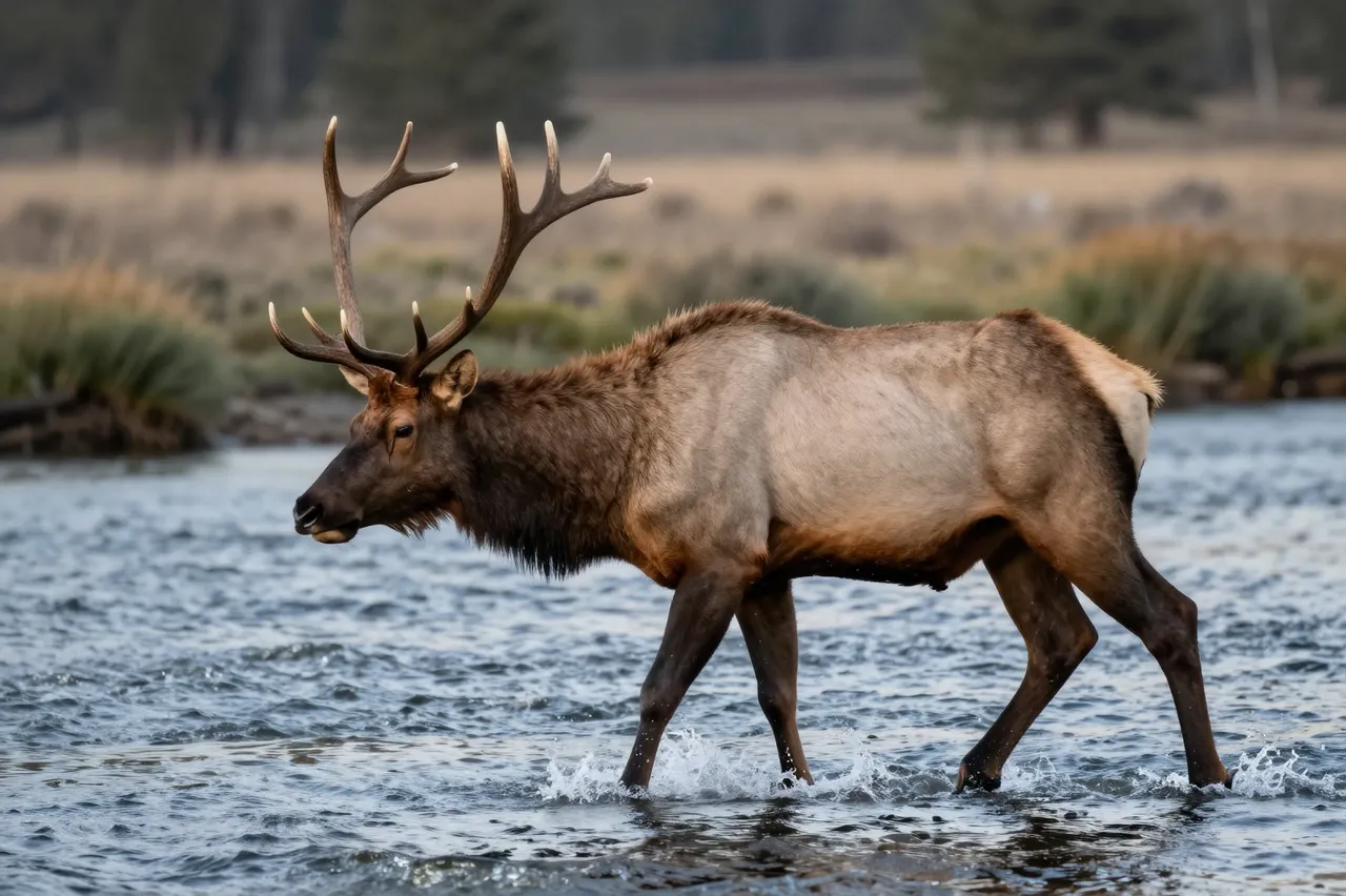 A large bull elk with full antlers walks through rippling shallow river water at early morning