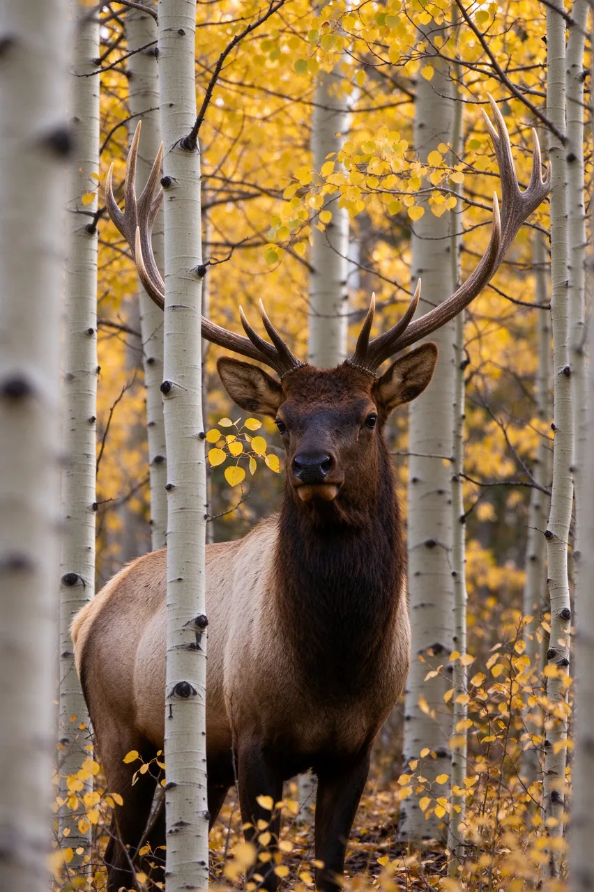 A bull elk with large branching antlers stands among pale aspen trunks and golden fall foliage.