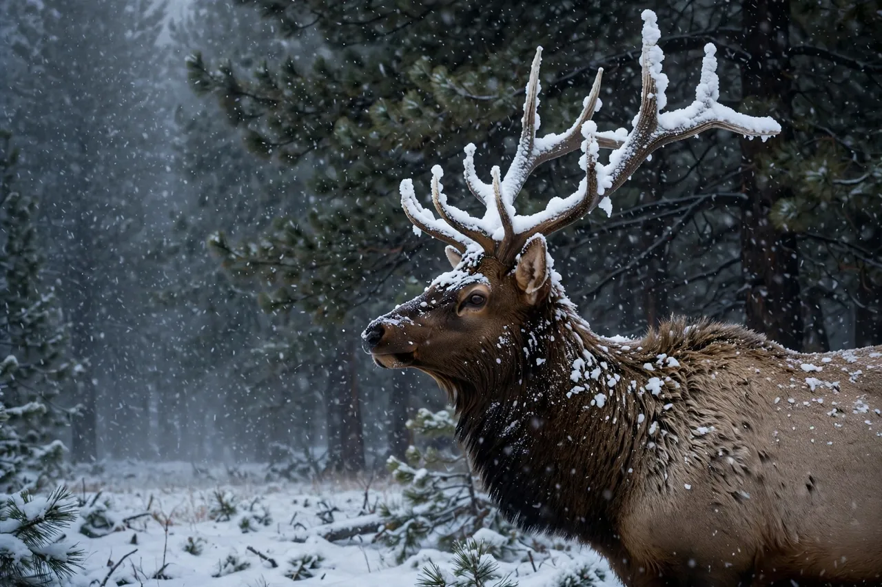 A bull elk stands at the edge of a dark pine forest as heavy snow falls, snow resting on its antlers and neck.