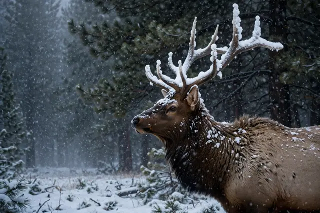 A bull elk stands at the edge of a dark pine forest as heavy snow falls, snow resting on its antlers and neck.