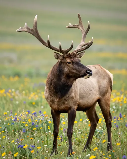 A bull elk with velvet antlers stands alert in a sunlit meadow of colorful summer wildflowers