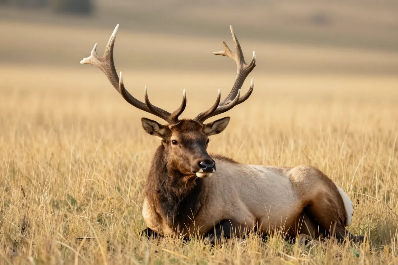 A bull elk with wide antlers lies calmly in tall golden grass under warm late afternoon light.