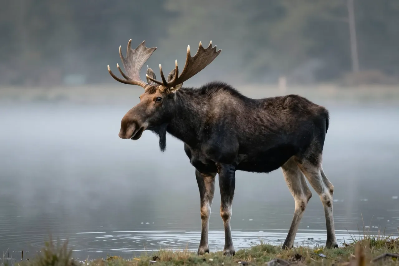 A bull moose with large antlers stands on a grassy lakeshore in soft dawn mist