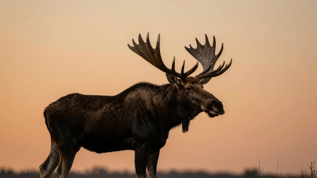 A bull moose with large broad antlers stands against a warm orange evening sky