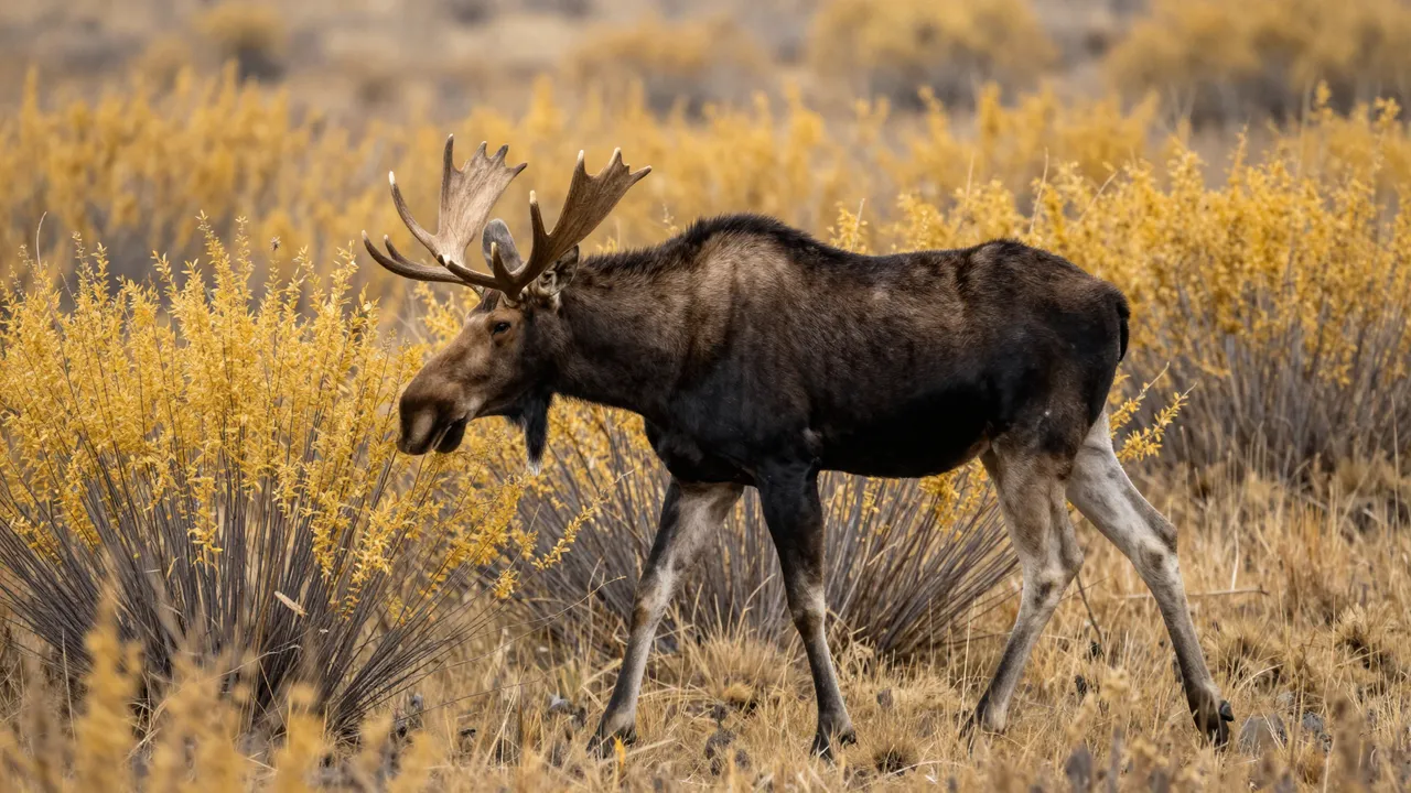 A bull moose walks among golden willow shrubs on an autumn tundra