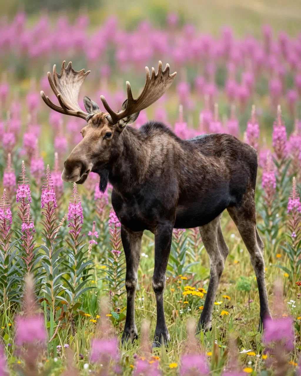 A bull moose stands in a sunlit summer meadow full of pink fireweed wildflowers.