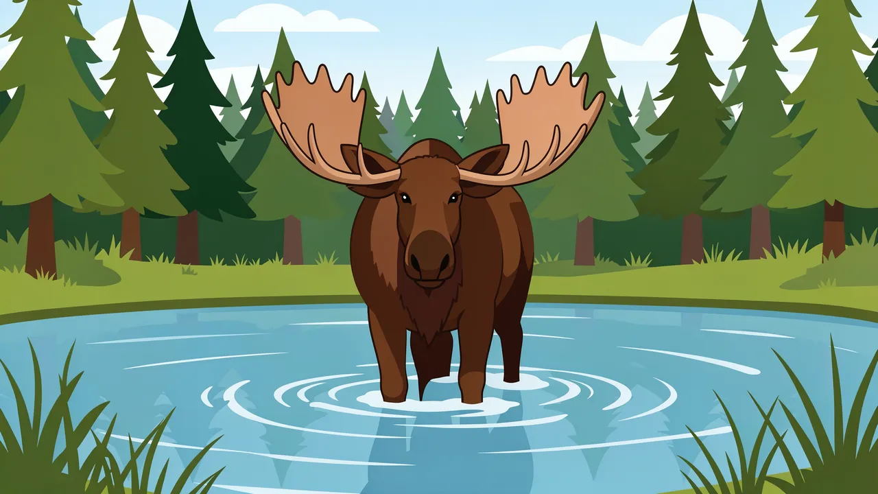 A bull moose with wide antlers stands wading in a calm pond surrounded by a pine forest.