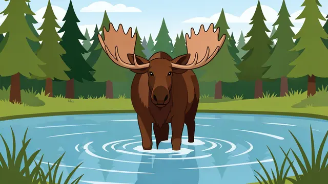 A bull moose with wide antlers stands wading in a calm pond surrounded by a pine forest.