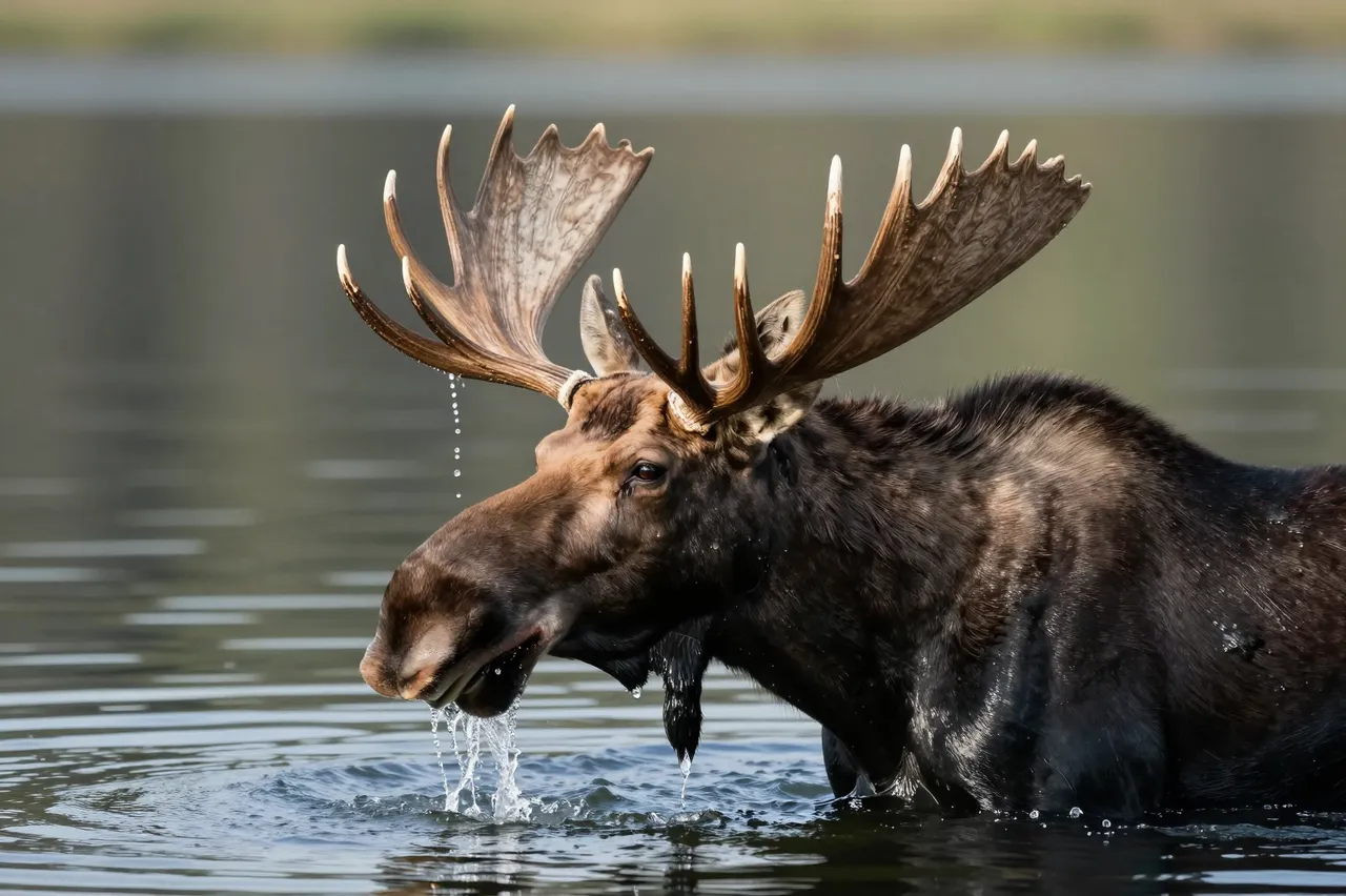 A bull moose lifts its head from a lake, water streaming from its antlers in soft morning light
