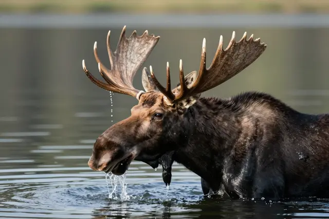 A bull moose lifts its head from a lake, water streaming from its antlers in soft morning light