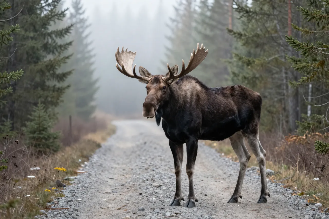 A large bull moose with broad antlers stands on a foggy gravel spruce forest track facing the camera at dawn