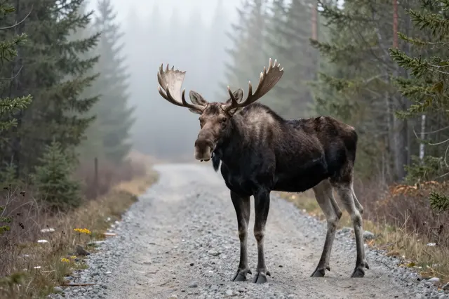A large bull moose with broad antlers stands on a foggy gravel spruce forest track facing the camera at dawn