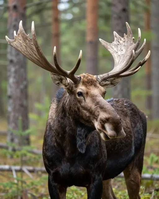 A large bull moose with wide antlers stands facing the camera in a dense pine forest