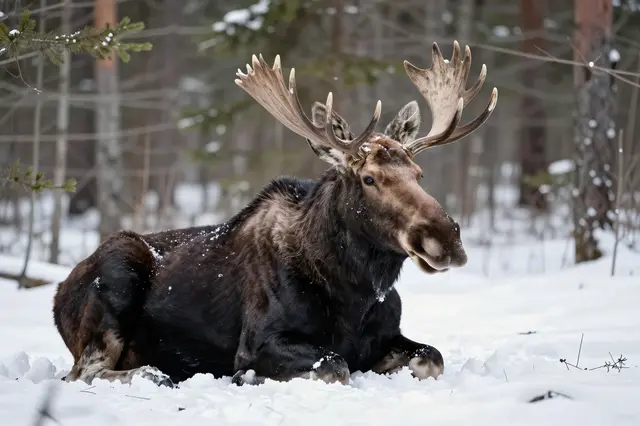A large bull moose with antlers lies resting on fresh snow in a winter spruce forest