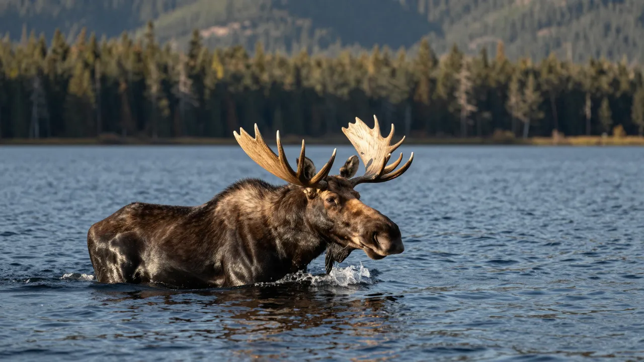 A large antlered bull moose swims through a wide lake with forested hills in the background