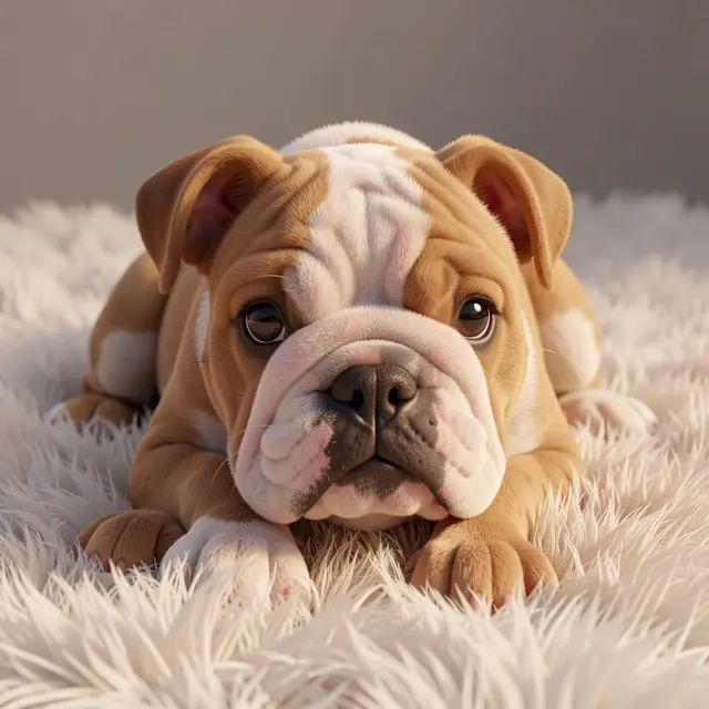 Cute 3D English bulldog puppy lies calmly on a soft fluffy cream rug looking at the viewer