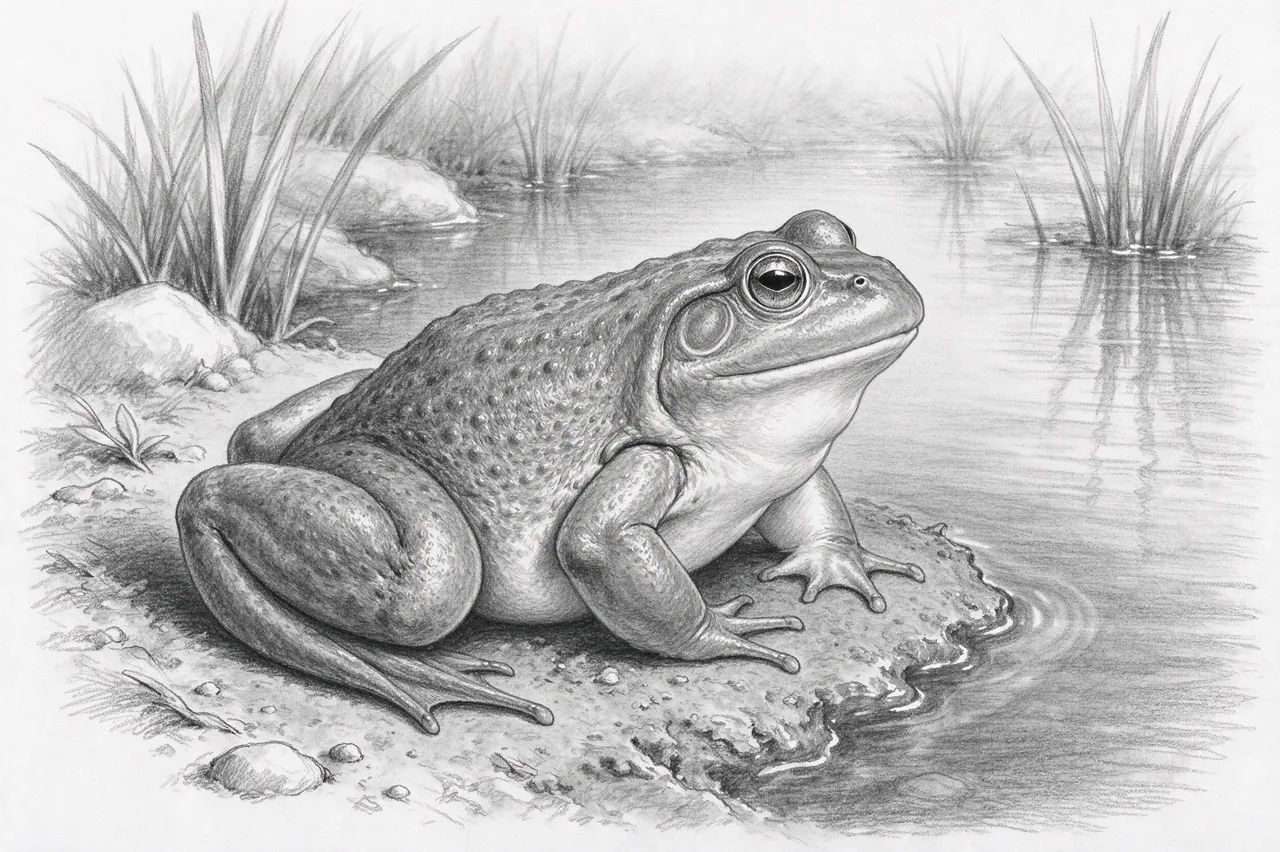 Detailed graphite pencil sketch of a crouched bullfrog perched at the edge of a calm pond