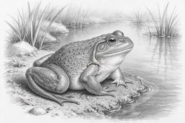 Detailed graphite pencil sketch of a crouched bullfrog perched at the edge of a calm pond