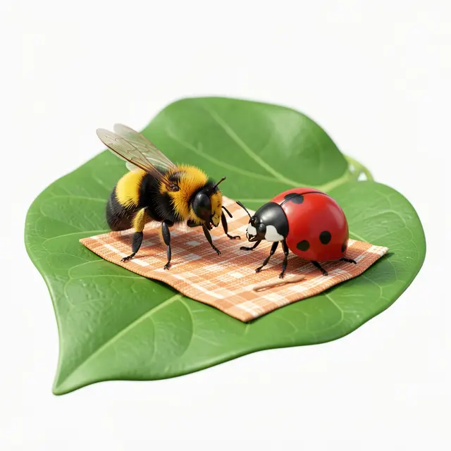 3D rendered bumblebee and ladybug having a picnic on a gingham cloth atop a large green leaf