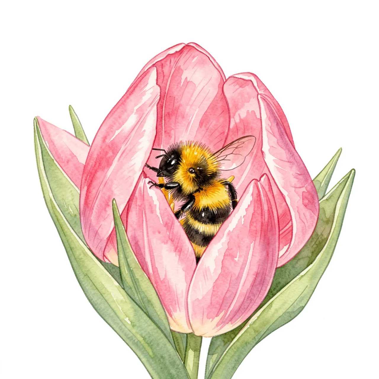 A fluffy bumblebee rests tucked inside the petals of a soft pink watercolor tulip.
