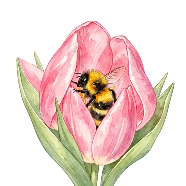 A fluffy bumblebee rests tucked inside the petals of a soft pink watercolor tulip.