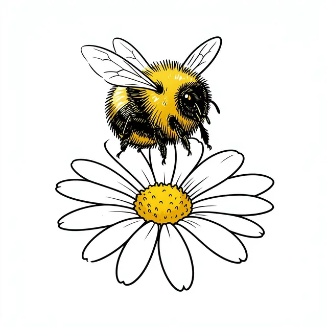 Cute ink line drawing of a fuzzy bumblebee resting on a white daisy flower
