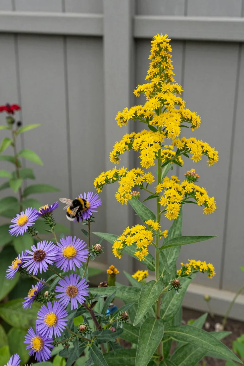 A bumblebee rests on a purple aster beside yellow goldenrod next to a gray backyard fence