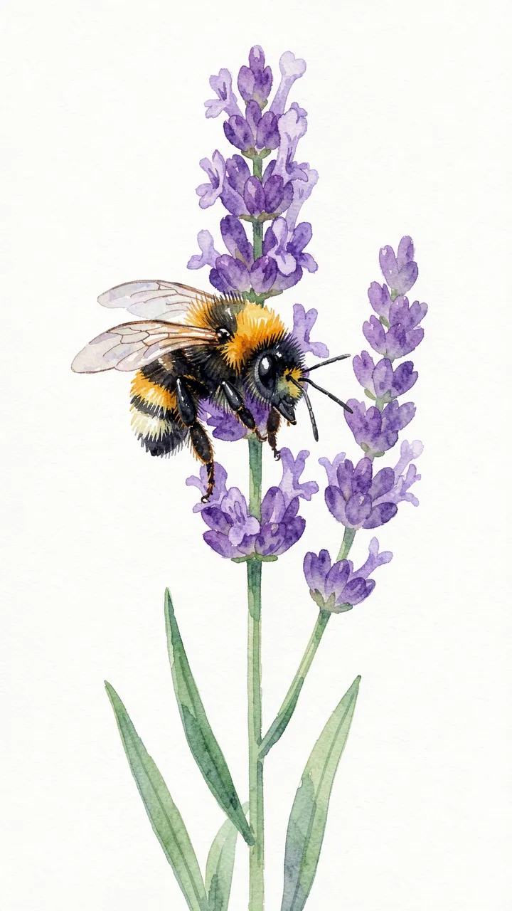 Watercolor illustration of a fuzzy bumblebee resting on purple lavender flower stems against a pale background