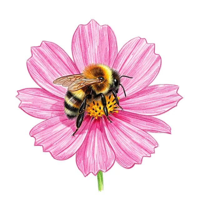 Colored pencil drawing of a fuzzy bumblebee resting on the center of a pink cosmos flower against white paper