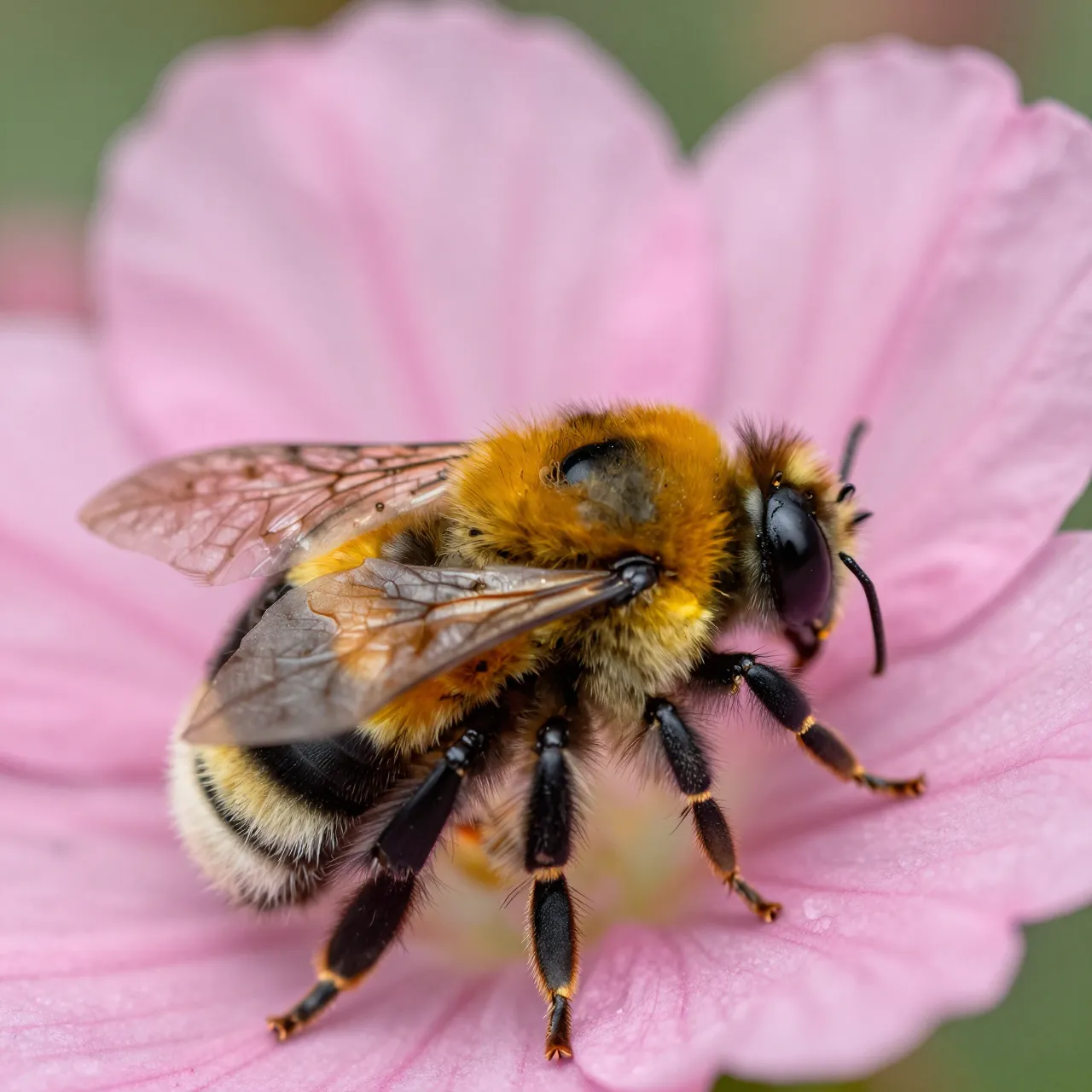 A close-up macro shot of a fuzzy bumblebee resting on the petals of a soft pink flower.