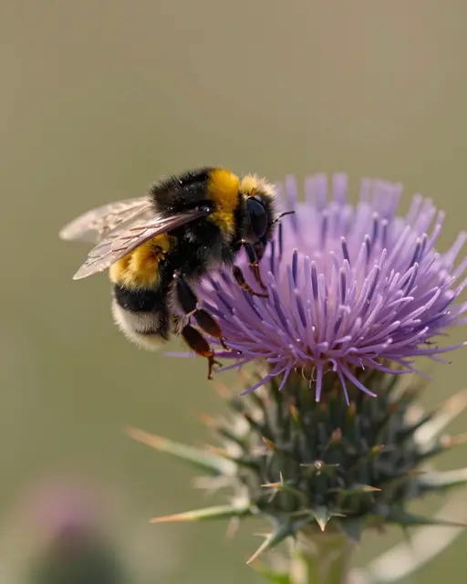 Close-up macro shot of a fuzzy bumblebee feeding from a spiky purple thistle flower