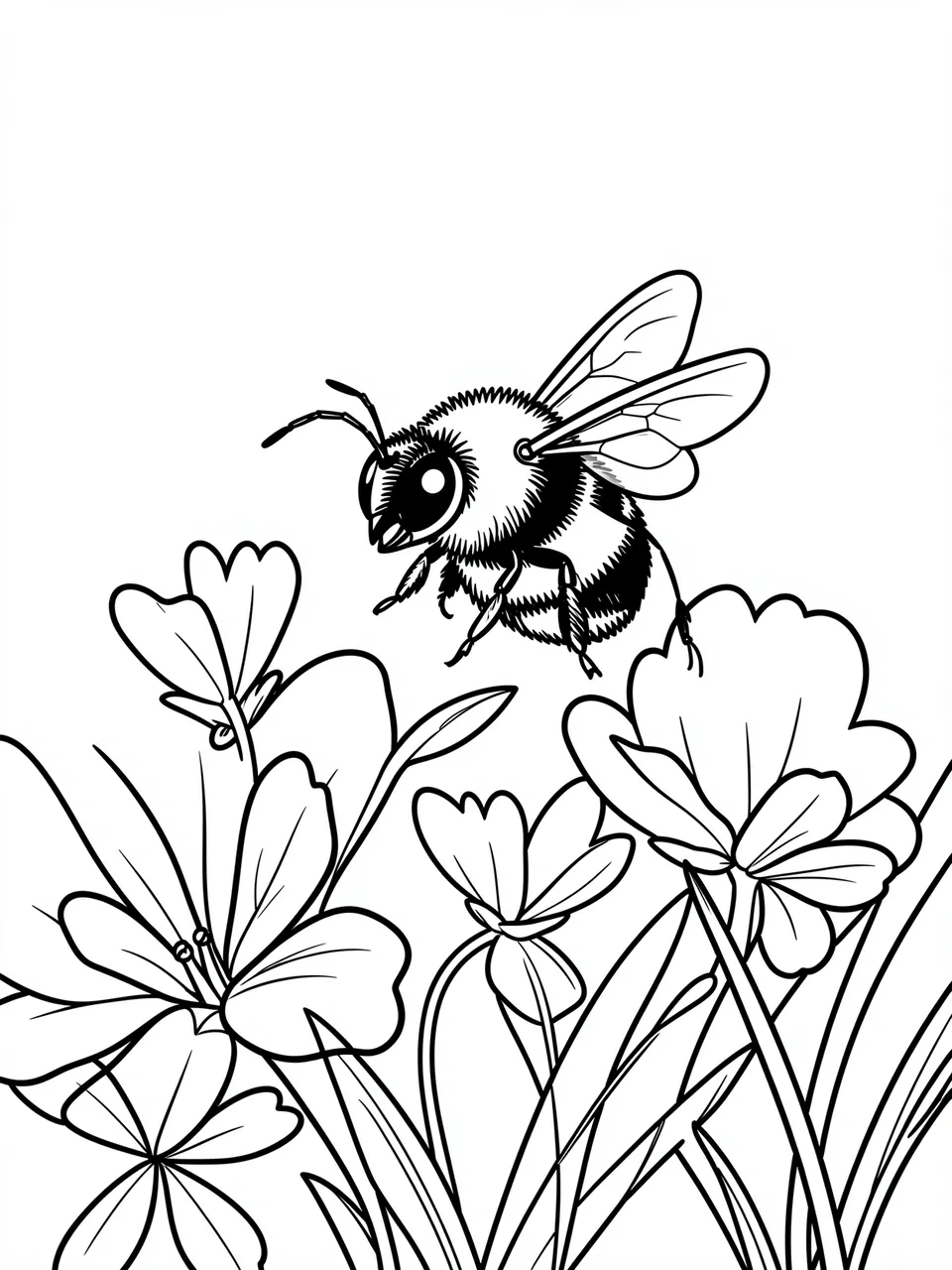 Bold black and white line art of a bumblebee hovering above clover flowers on a plain white background