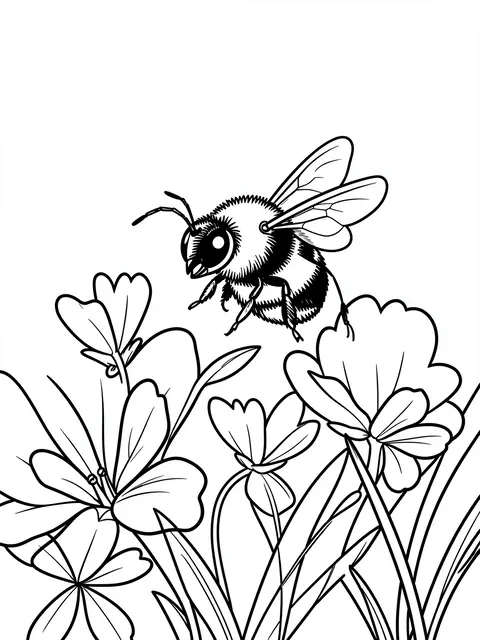 Bold black and white line art of a bumblebee hovering above clover flowers on a plain white background