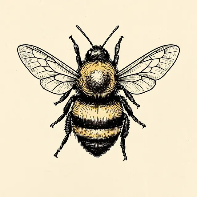 Crisp black ink stippled bumblebee illustration viewed from above on cream paper