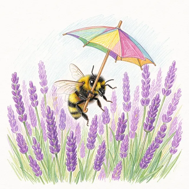 Colored pencil drawing of a fluffy bumblebee holding a tiny rainbow parasol above lavender blooms.