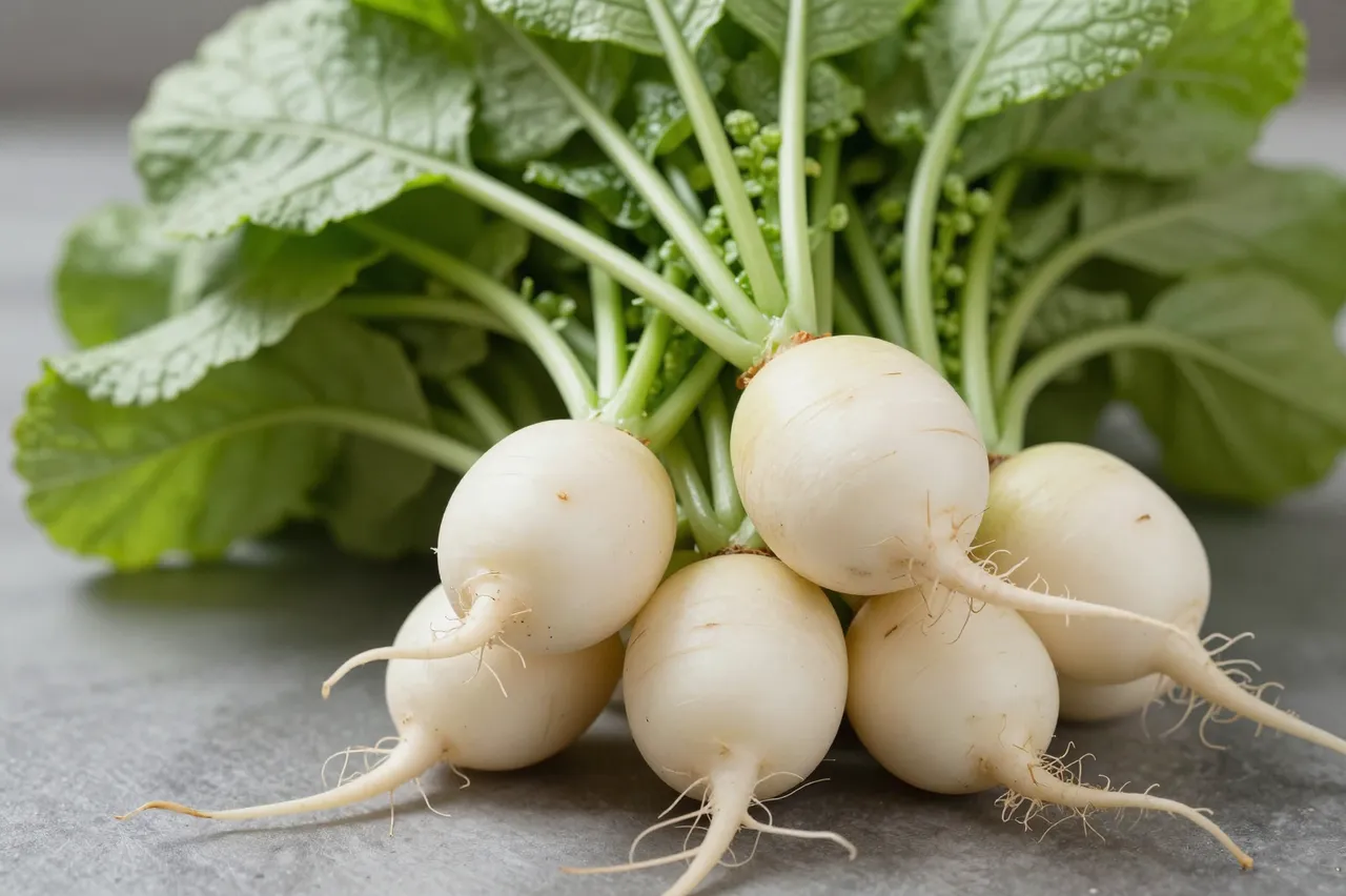A bunch of fresh white radishes with lush green leafy tops rests on a gray matte surface.