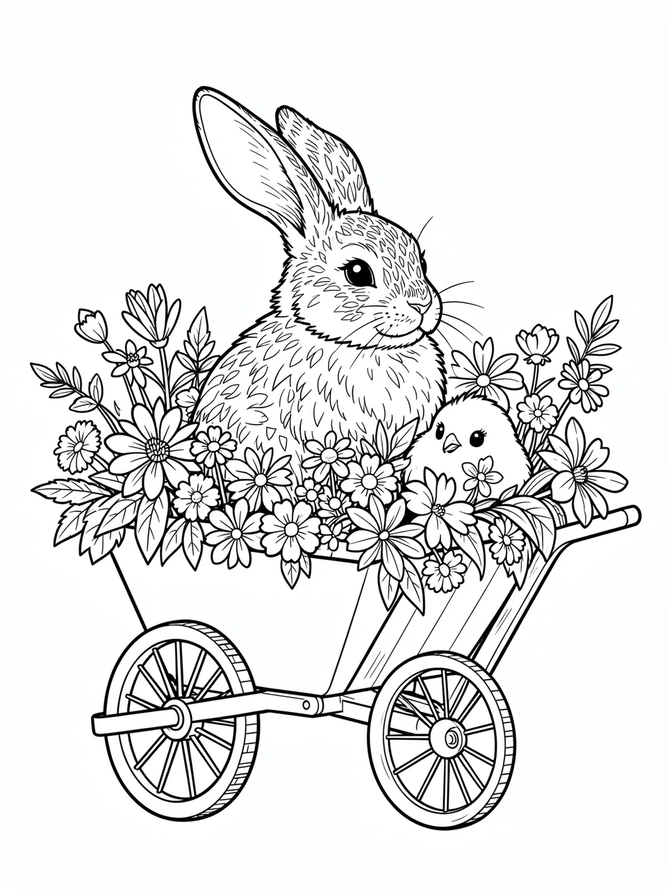 Black and white line art of a bunny and chick sitting in a flower-filled wheelbarrow on a white background