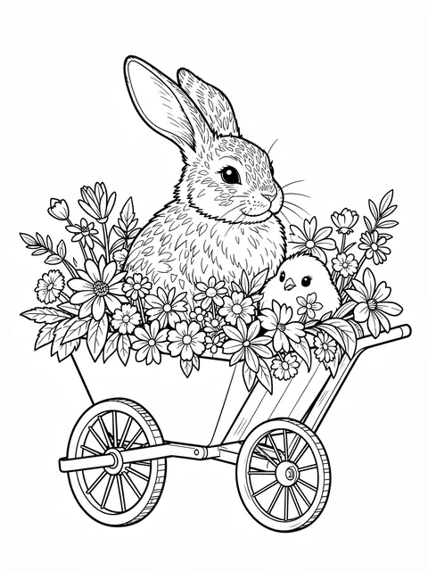 Black and white line art of a bunny and chick sitting in a flower-filled wheelbarrow on a white background